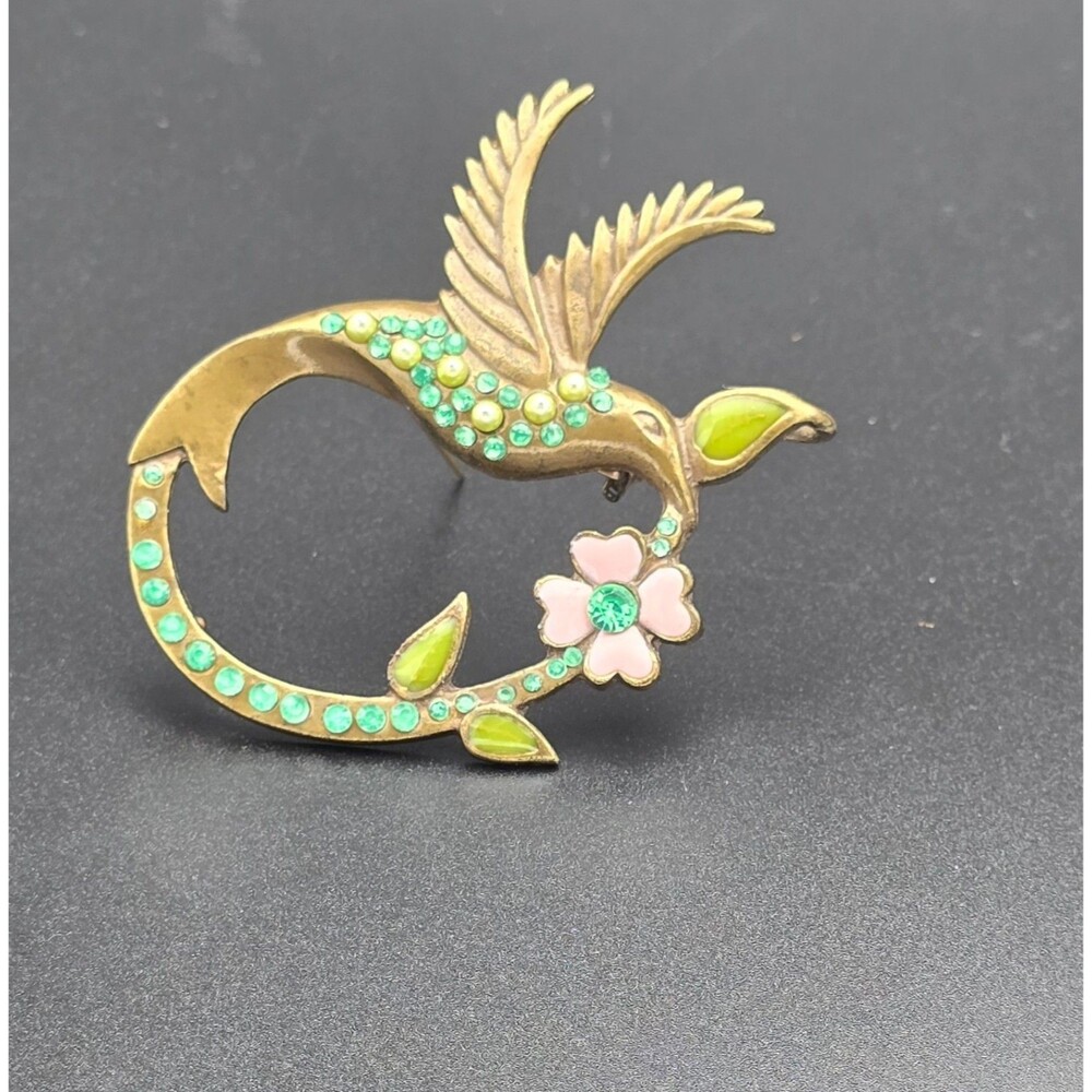 Vintage Copper Tone with Green and Pink accents Hummingbird Brooch